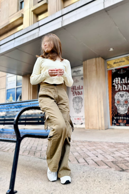 Khaki Women Cargo High Waist Pants