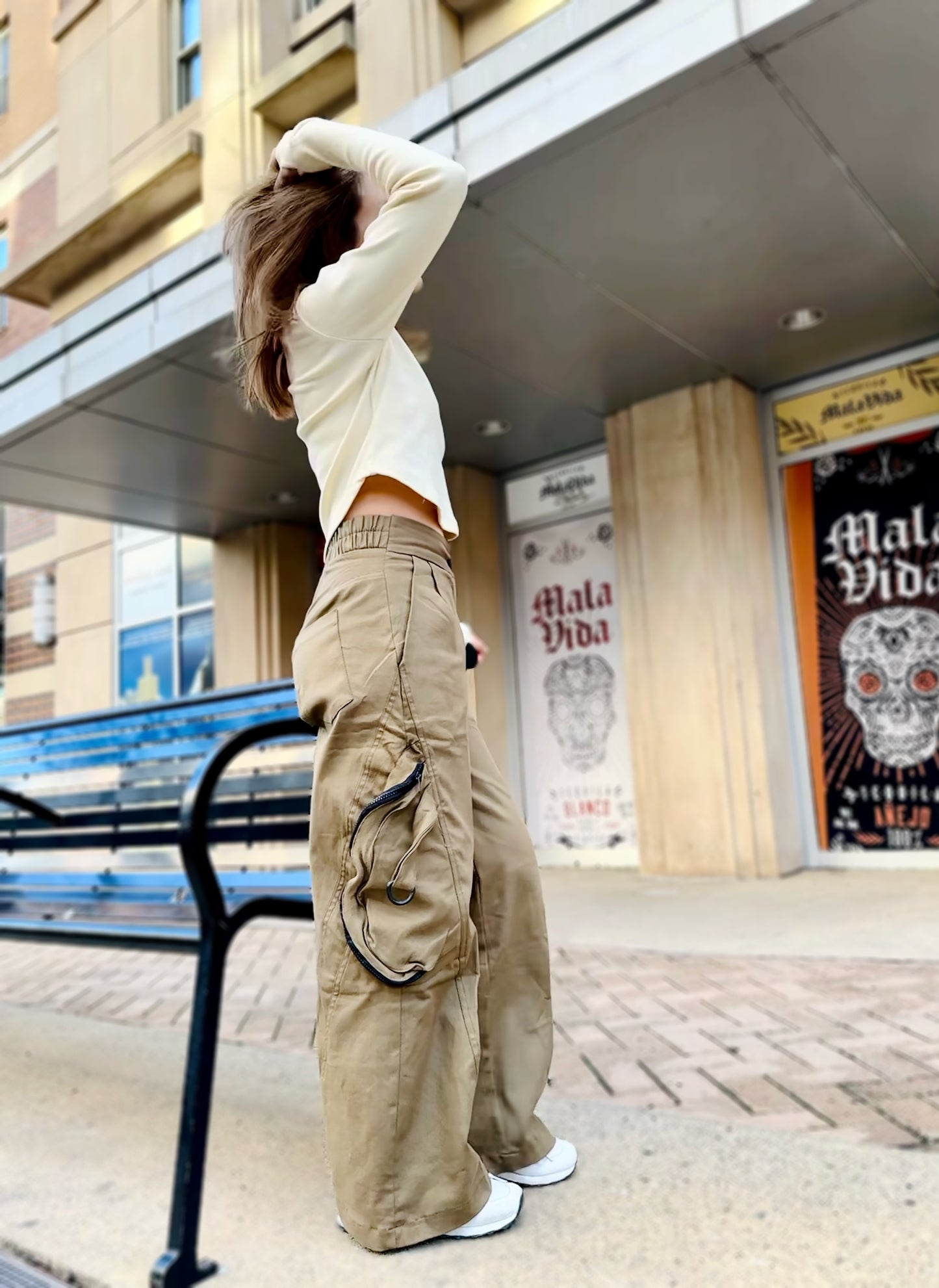 Khaki Women Cargo High Waist Pants